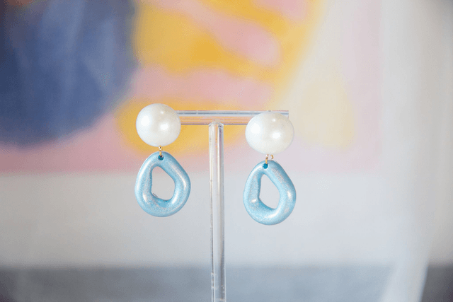 Modern Blue Abstract Pearl Drop Earrings - Minimalist Geometric Handmade Jewellery