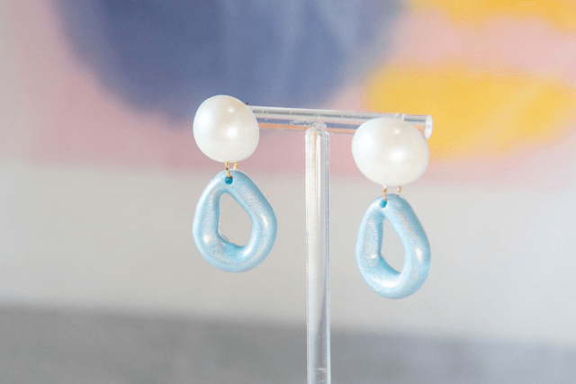 Modern Blue Abstract Pearl Drop Earrings - Minimalist Geometric Handmade Jewellery