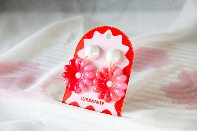 Retro Floral Earrings Pearl Effect - Pink and Red Daisy Statement Earrings