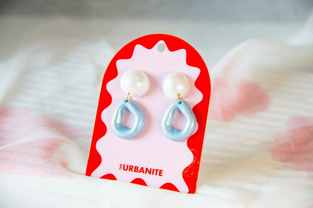 Modern Blue Abstract Pearl Drop Earrings - Minimalist Geometric Handmade Jewellery