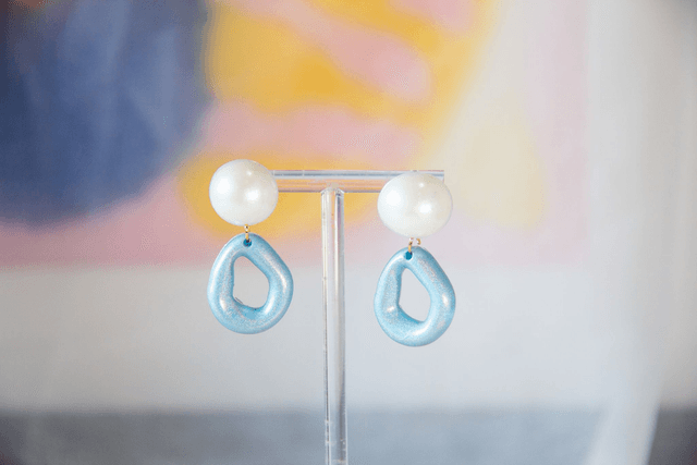 Modern Blue Abstract Pearl Drop Earrings - Minimalist Geometric Handmade Jewellery