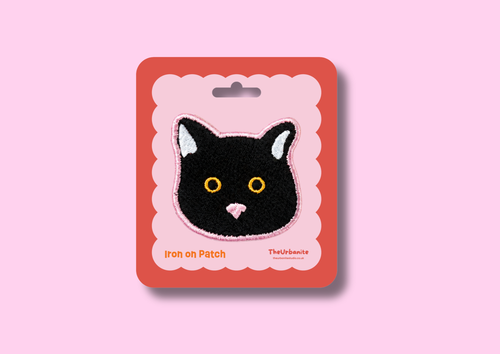 Black Cat Iron-On Patch on pink and coral TheUrbanite retail backing card