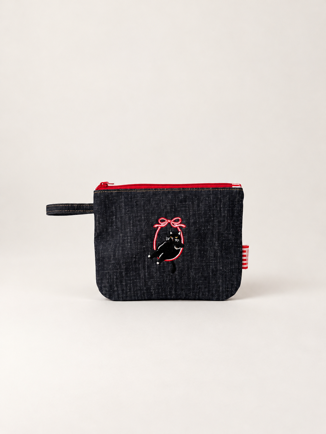 Large Embroidered Black Cat Denim Pouch Cat 2.0