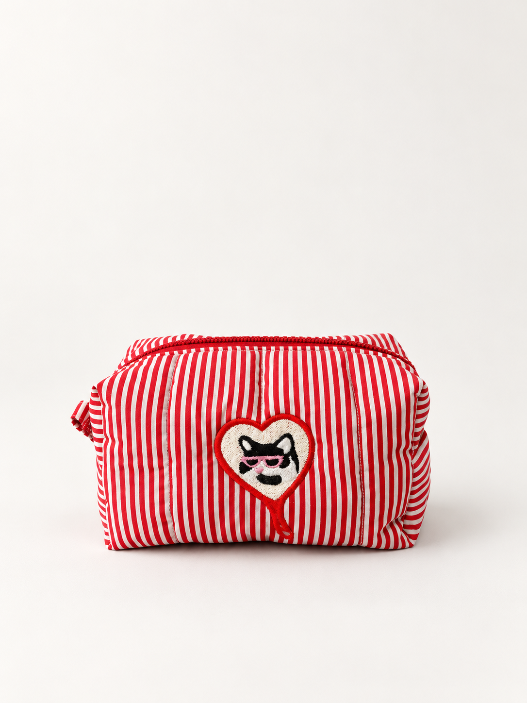 Cool Cat red and white striped small makeup bag front view with embroidered sunglasses cat in a heart