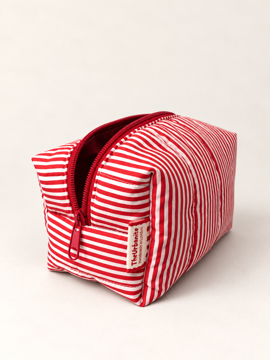 Cool Cat striped makeup bag red zipper and TheUrbanite label